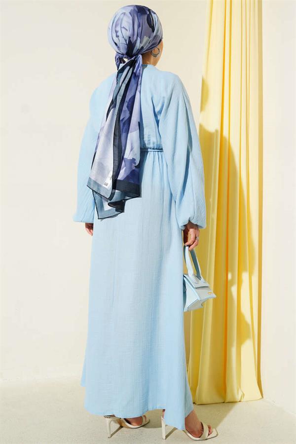 Blue Pleated Lace-Up Dress