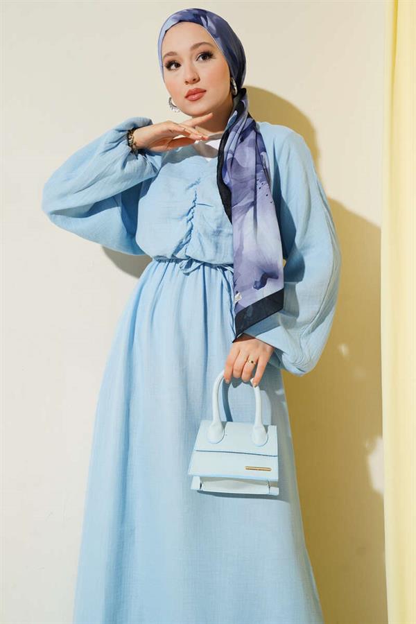 Blue Pleated Lace-Up Dress
