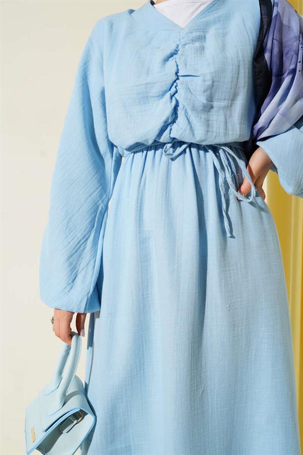Blue Pleated Lace-Up Dress