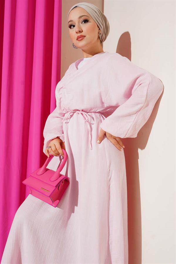 Pink Pleated Lace-Up Dress
