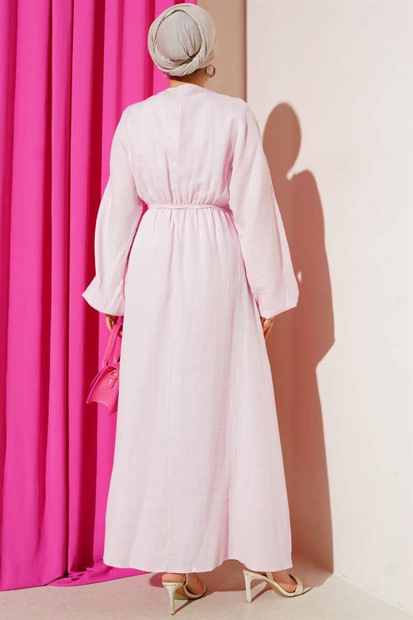 Pink Pleated Lace-Up Dress