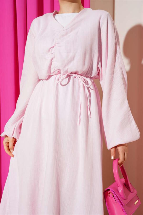 Pink Pleated Lace-Up Dress