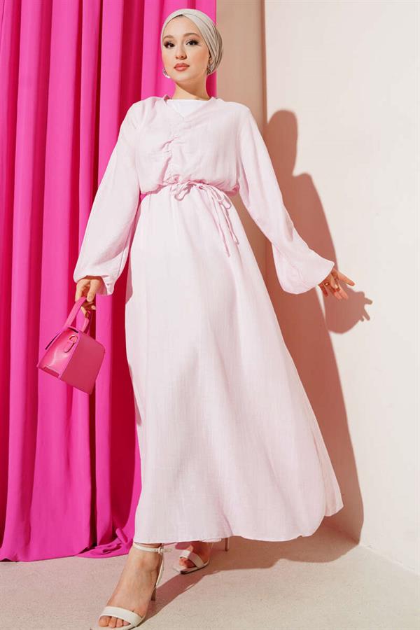 Pink Pleated Lace-Up Dress