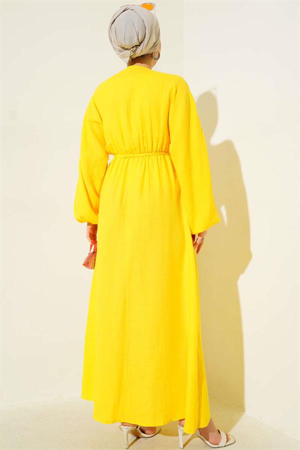 Yellow Pleated Lace-Up Dress