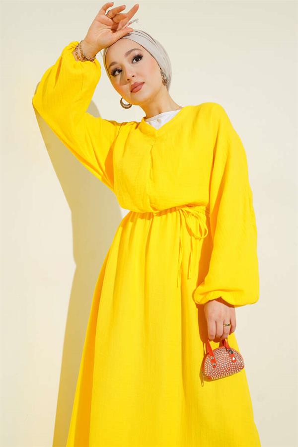 Yellow Pleated Lace-Up Dress