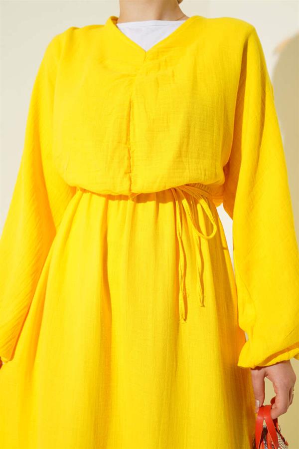 Yellow Pleated Lace-Up Dress