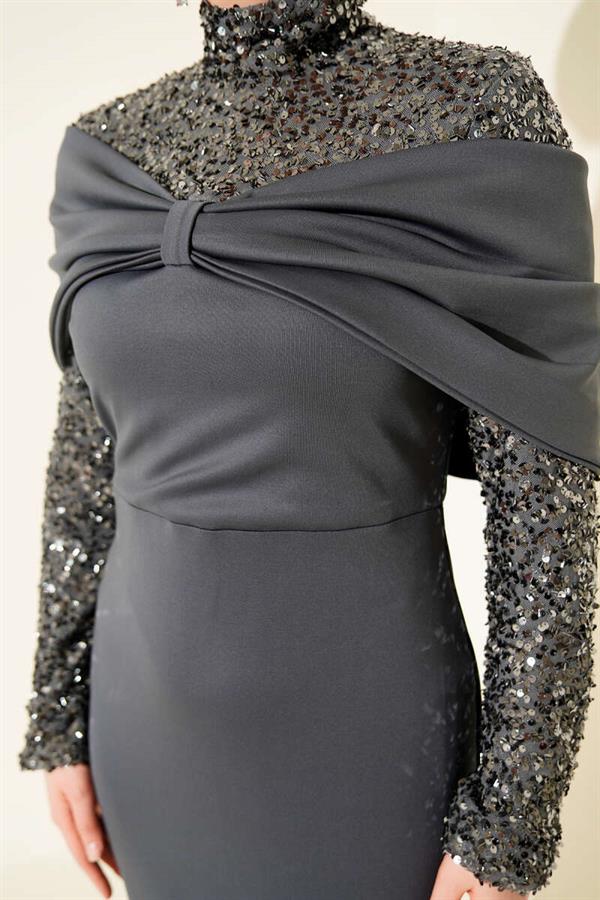 Anthracite Sequin Embellished Evening Dress with Gathered Front