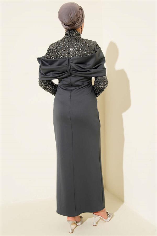 Anthracite Sequin Embellished Evening Dress with Gathered Front