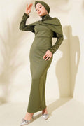 Khaki Sequin Embellished Evening Dress with Gathered Front