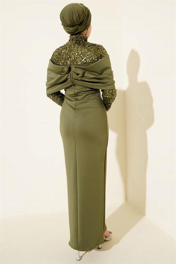 Khaki Sequin Embellished Evening Dress with Gathered Front