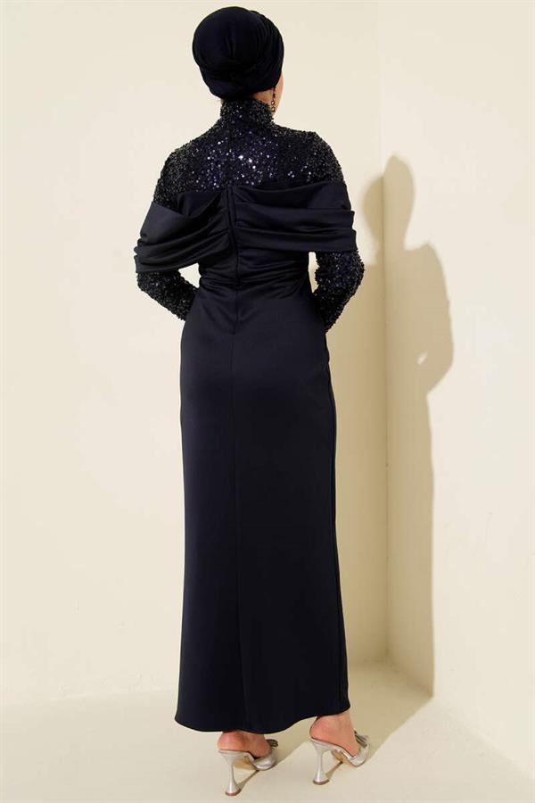 Navy Blue Sequin Embellished Evening Dress with Gathered Front