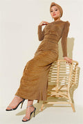 Shirred Front Glittery Dress Camel