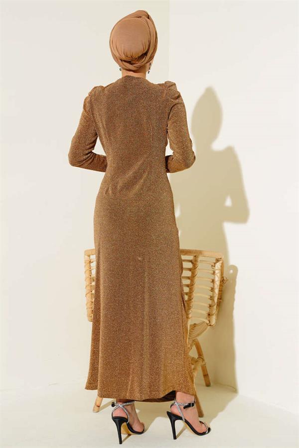 Shirred Front Glittery Dress Camel