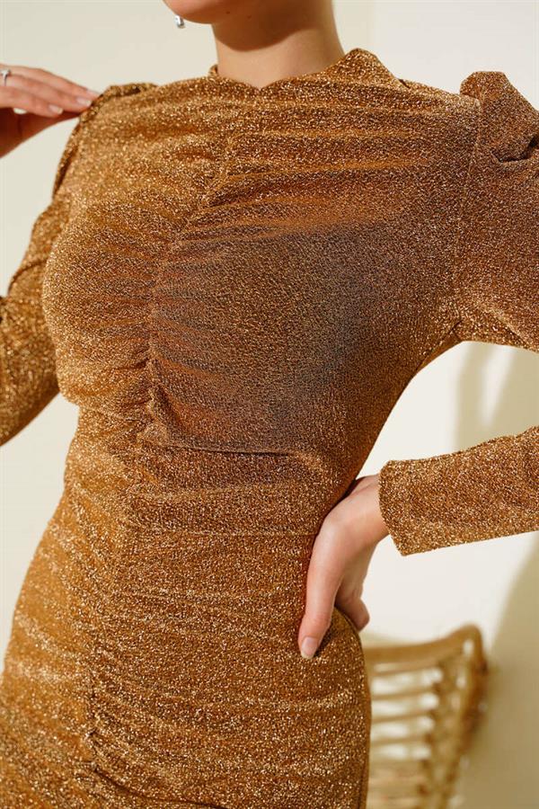 Shirred Front Glittery Dress Camel