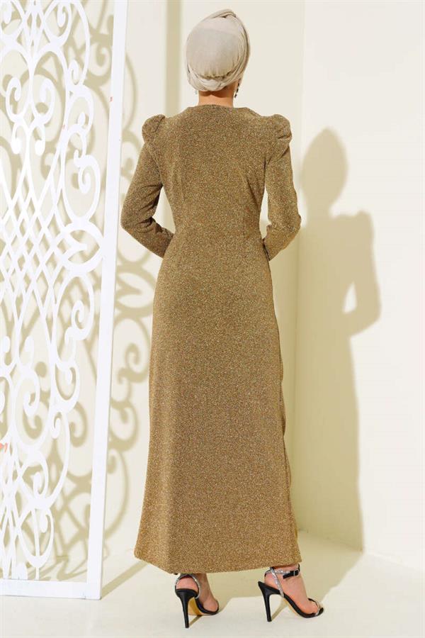 Front Pleated Glittery Dress Gold