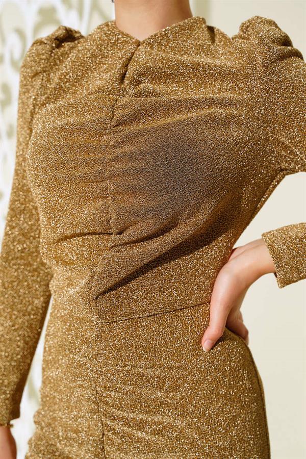 Front Pleated Glittery Dress Gold