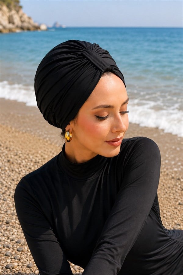 Front Gathered Modest Swimsuit & Swim Cap, Black