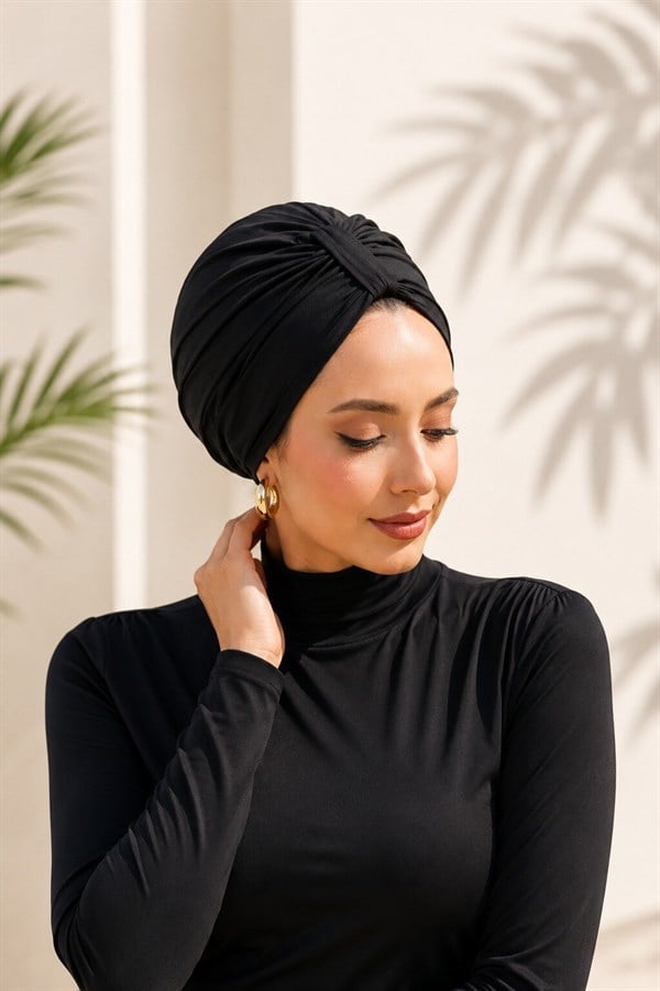 Front Gathered Modest Swimsuit & Swim Cap, Black
