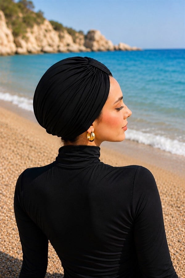 Front Gathered Modest Swimsuit & Swim Cap, Black