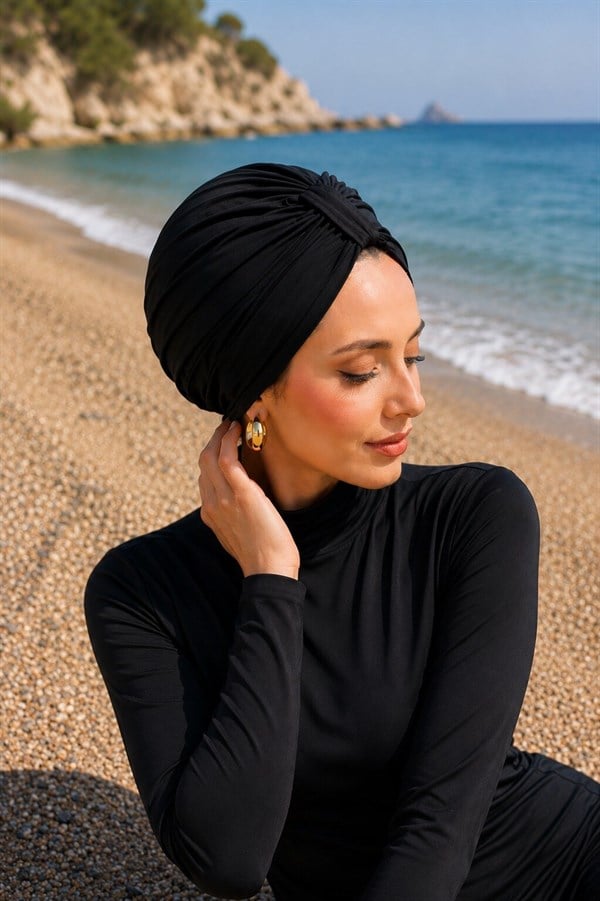 Front Gathered Modest Swimsuit & Swim Cap, Black