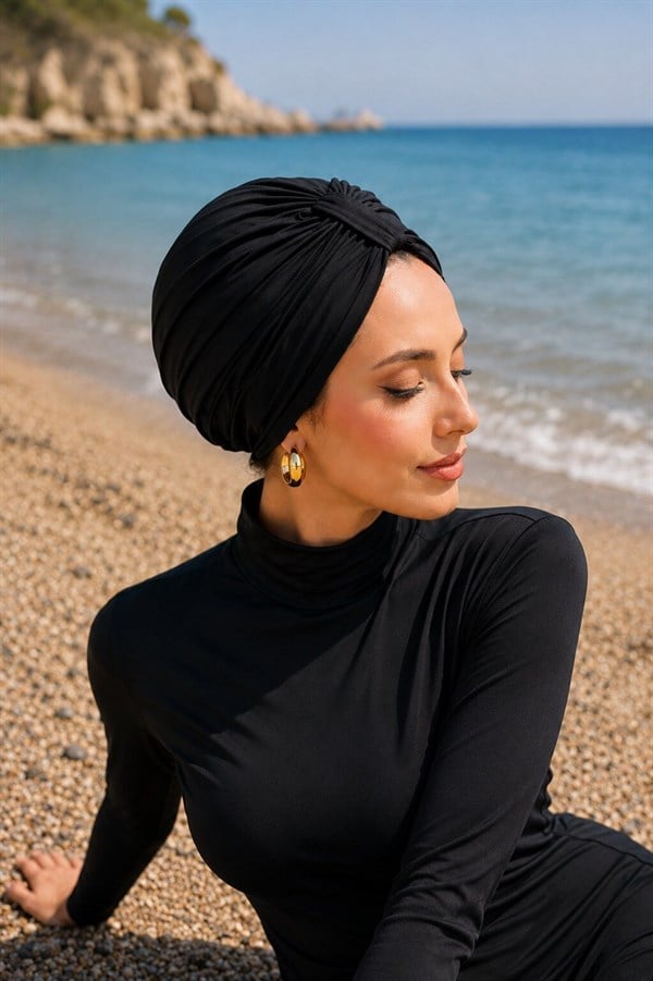 Front Gathered Modest Swimsuit & Swim Cap, Black