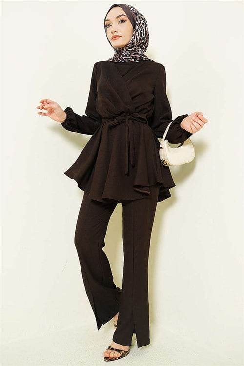 2 Piece Set with Cross Front Belt, Dark Brown