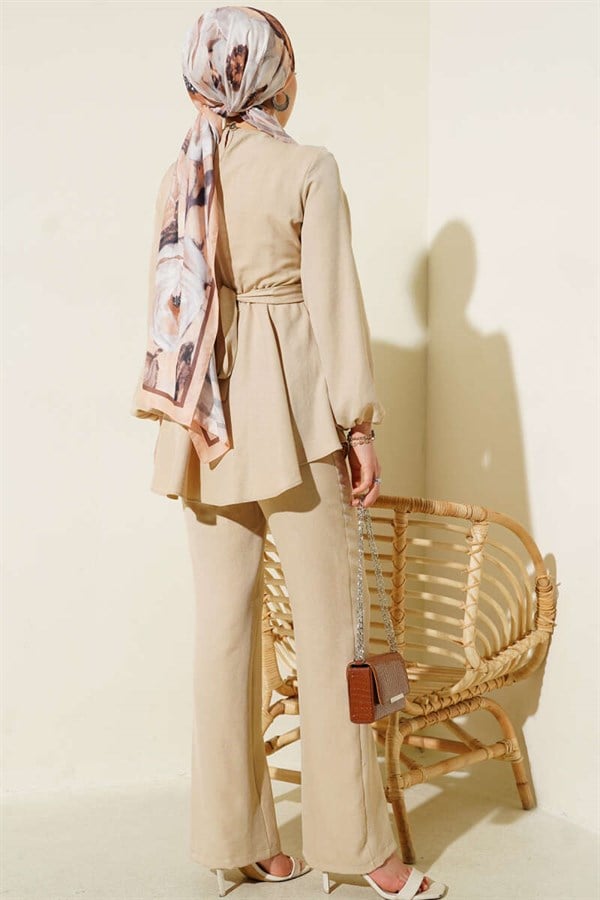 Beige 2 Piece Set with Cross Front Belt