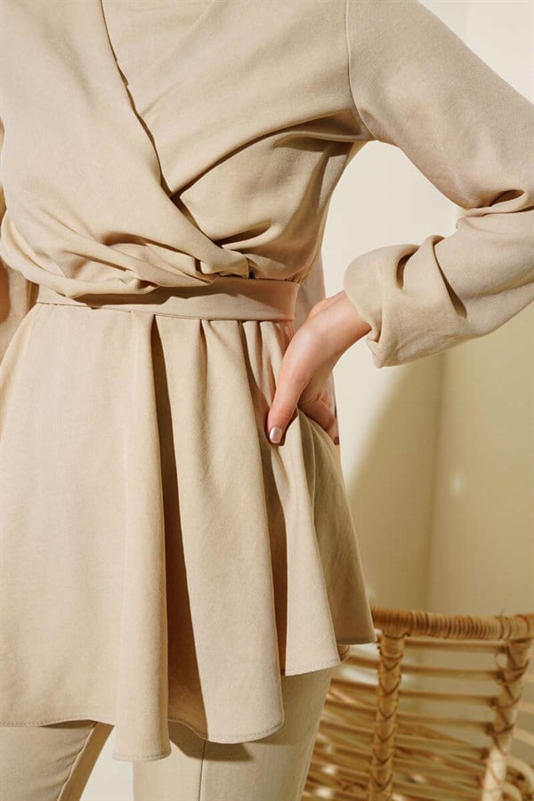 Beige 2 Piece Set with Cross Front Belt