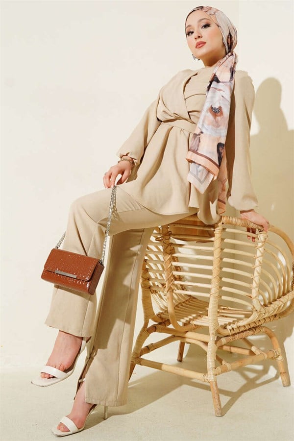 Beige 2 Piece Set with Cross Front Belt
