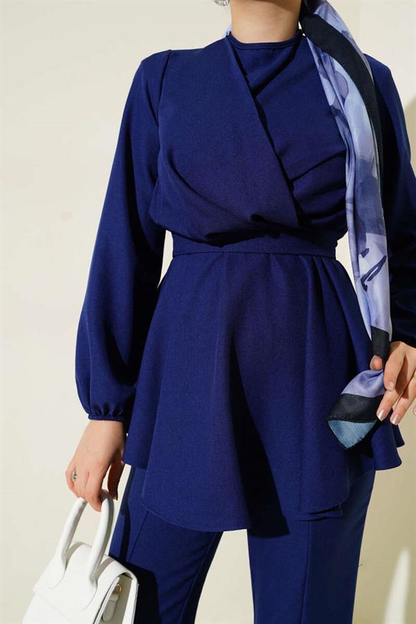 2 Piece Set with Cross Front Belt, Navy Blue