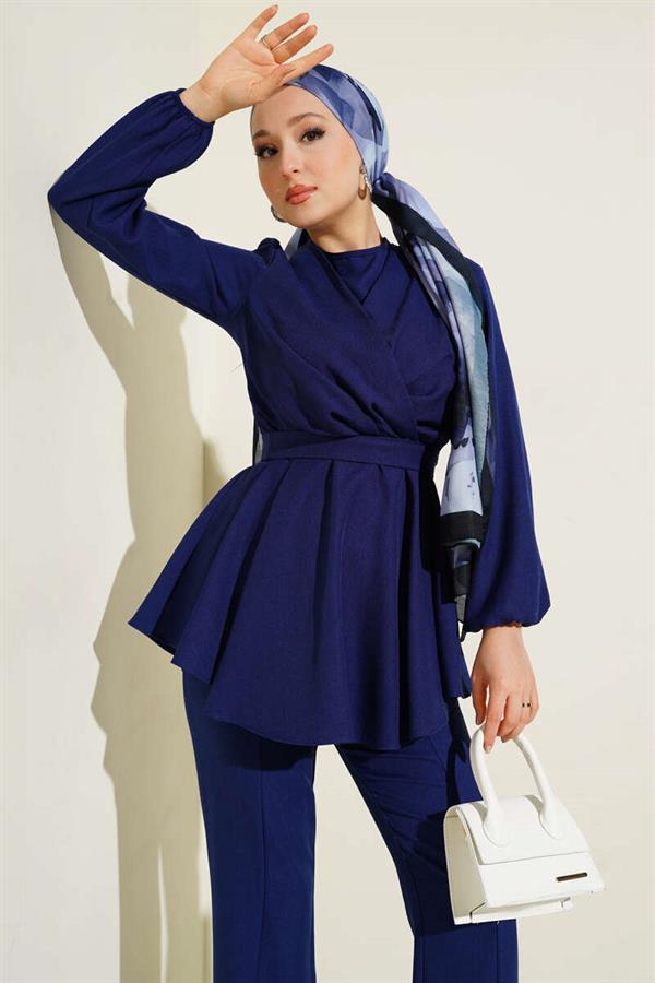 2 Piece Set with Cross Front Belt, Navy Blue