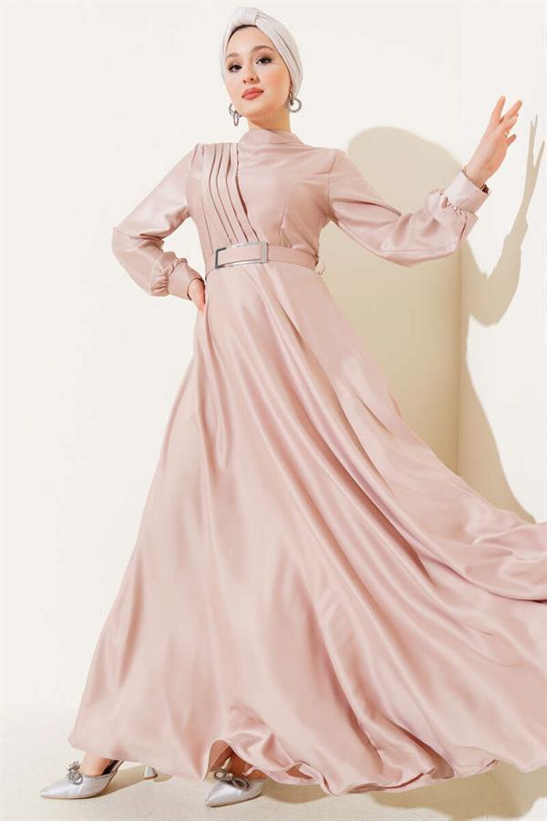 Crisscross Pleated Satin Dress Beige