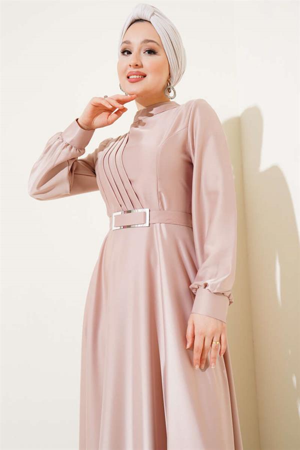 Crisscross Pleated Satin Dress Beige