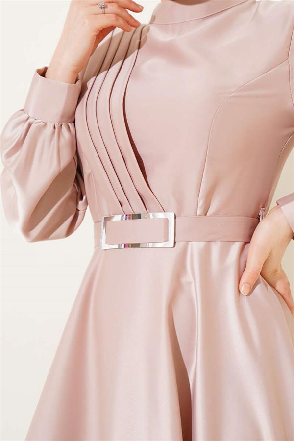 Crisscross Pleated Satin Dress Beige