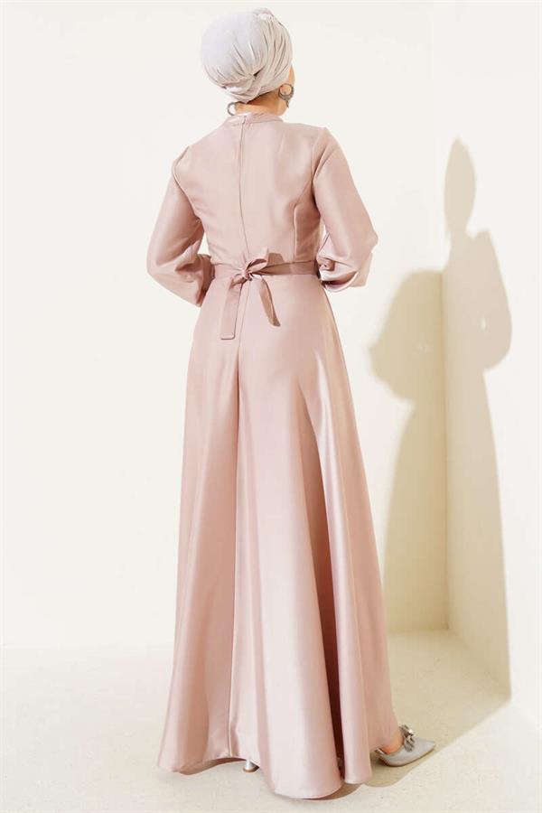 Crisscross Pleated Satin Dress Beige