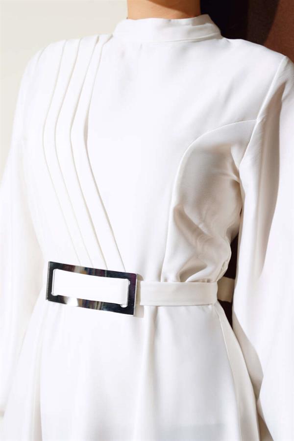Crisscross Pleated Satin Dress White