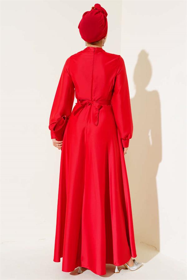 Crisscross Pleated Satin Dress Red