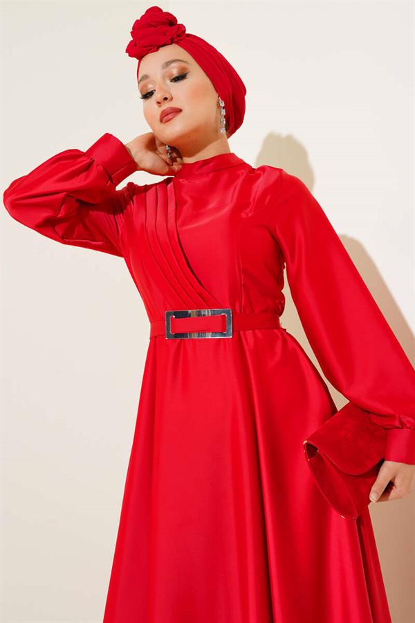 Crisscross Pleated Satin Dress Red