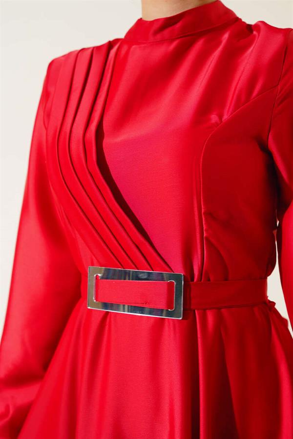 Crisscross Pleated Satin Dress Red