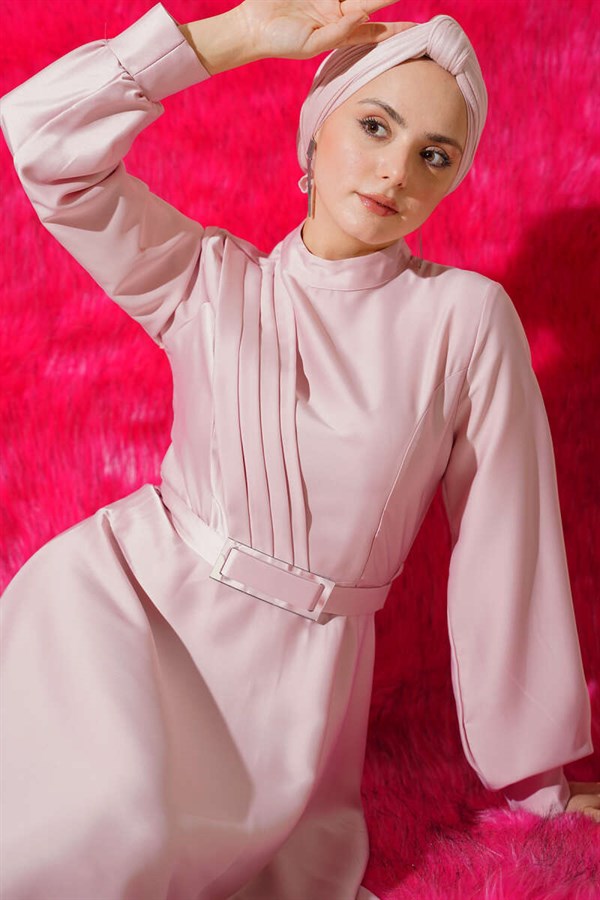 Pink Satin Dress with Cross-Front Pleats
