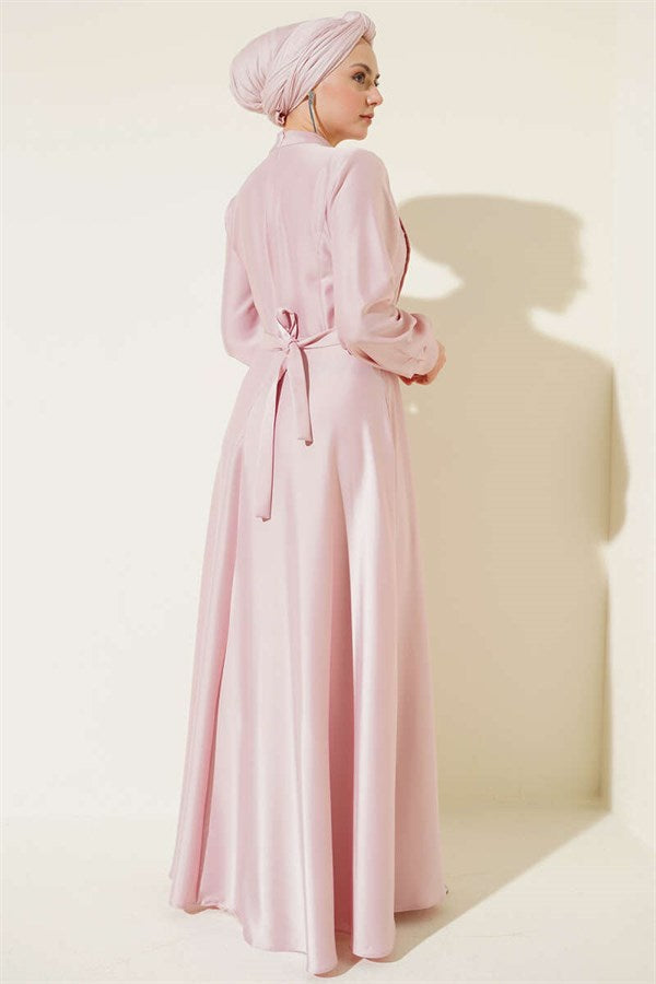Pink Satin Dress with Cross-Front Pleats