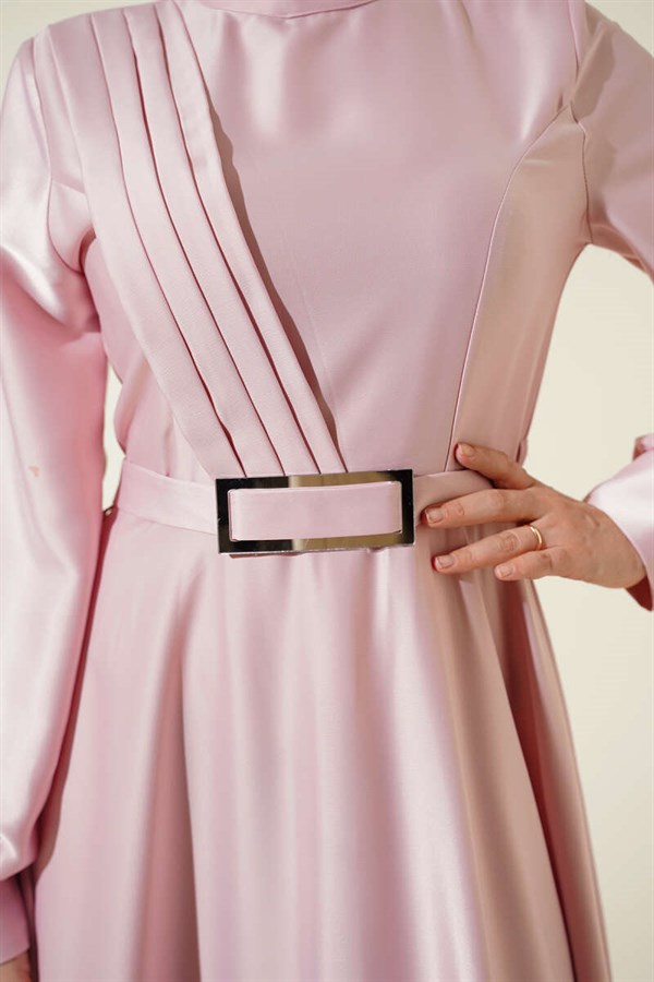 Pink Satin Dress with Cross-Front Pleats