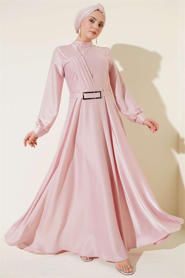 Pink Satin Dress with Cross-Front Pleats