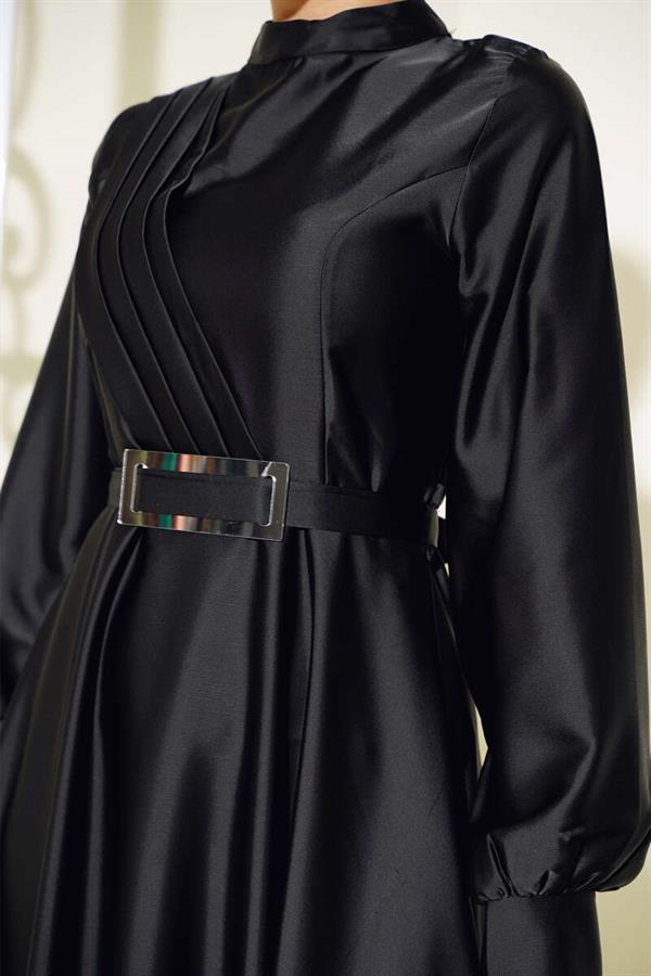 Crisscross Pleated Satin Dress Black