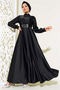 Crisscross Pleated Satin Dress Black