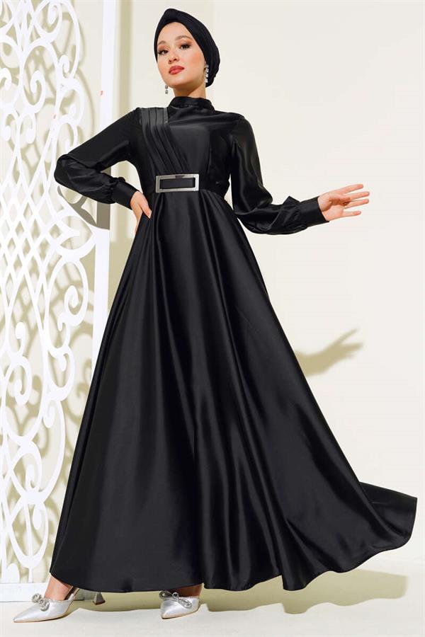Crisscross Pleated Satin Dress Black