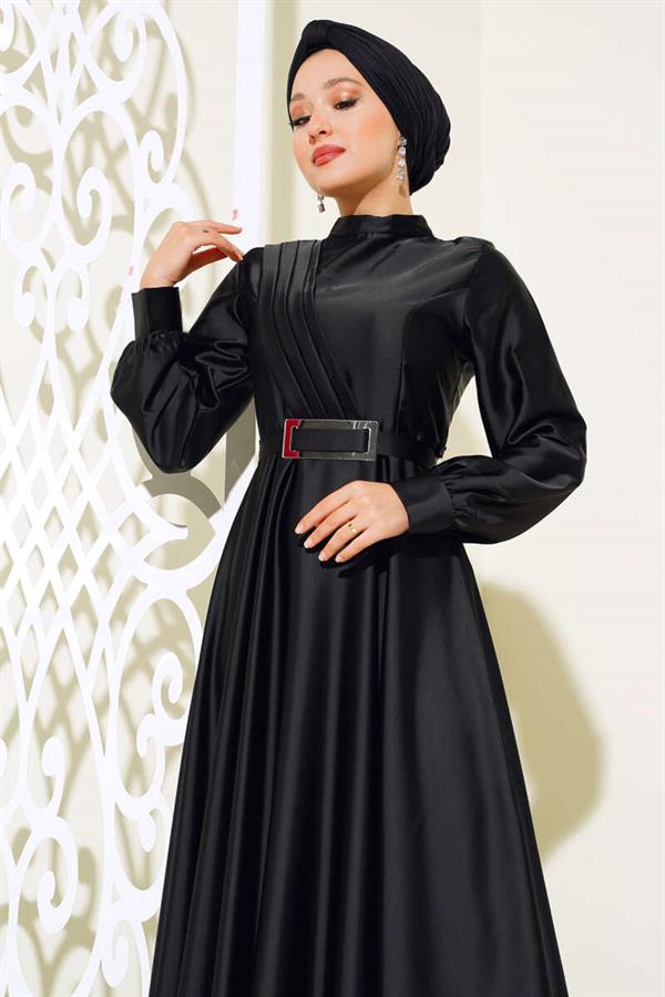 Crisscross Pleated Satin Dress Black