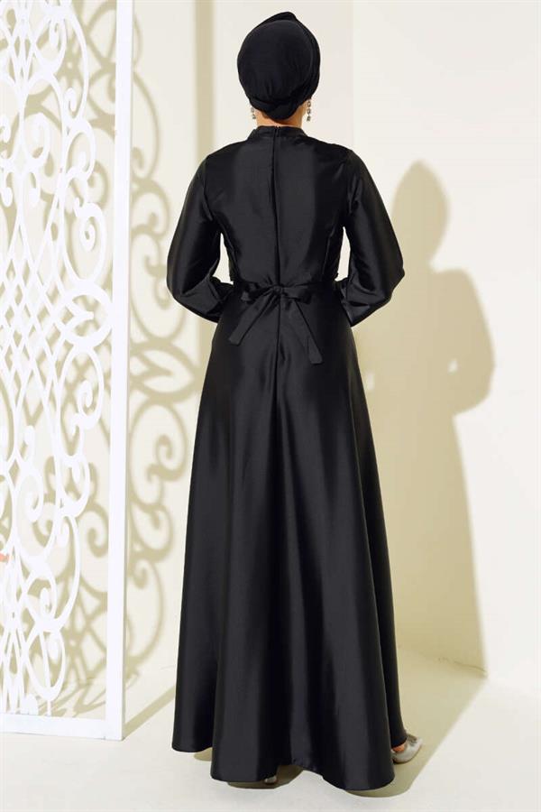 Crisscross Pleated Satin Dress Black