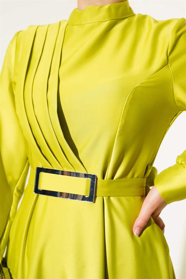 Crisscross Pleated Satin Dress in Oil Green