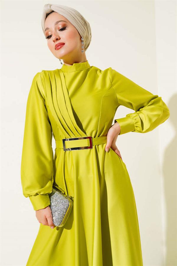 Crisscross Pleated Satin Dress in Oil Green